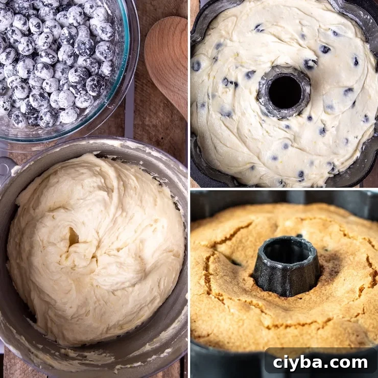 Three photo process collage, mixing batter and preparing cake for baking.
