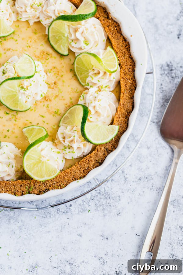 this key lime pie is made with a lime flavoured graham cracker crust, key lime pie filling and decorated with whipped cream, graham cracker crumbs, lime zest and lime twists