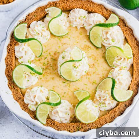 this key lime pie is made with a lime flavoured graham cracker crust, key lime pie filling and decorated with whipped cream, graham cracker crumbs, lime zest and lime twists