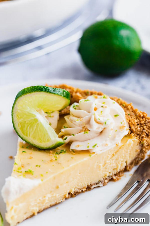 this key lime pie is made with a lime flavoured graham cracker crust, key lime pie filling and decorated with whipped cream, graham cracker crumbs, lime zest and lime twists