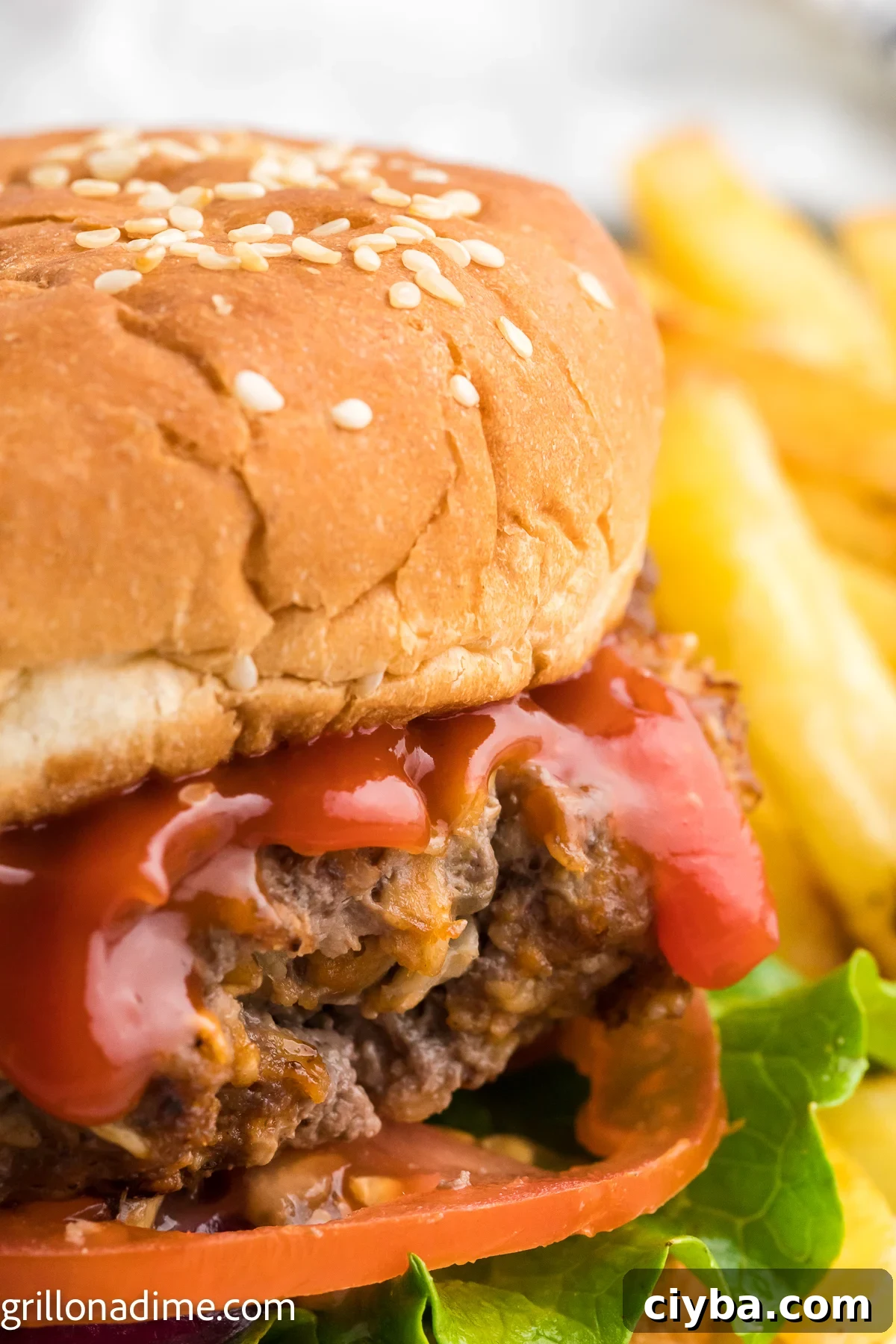 Meatloaf Burger on a plate with a side of french fries