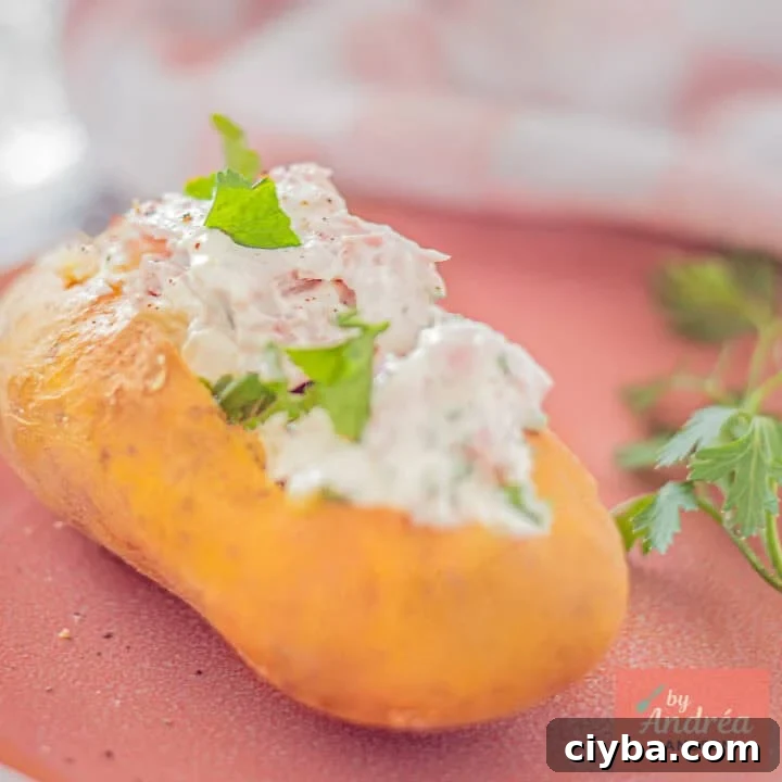 A square photo with a baked potato with quark and ham