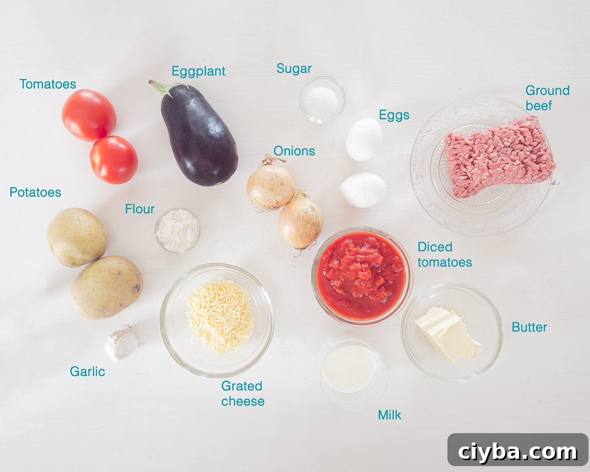 Ingredients One Person Greek Moussaka Casserole, individually labelled on a white background