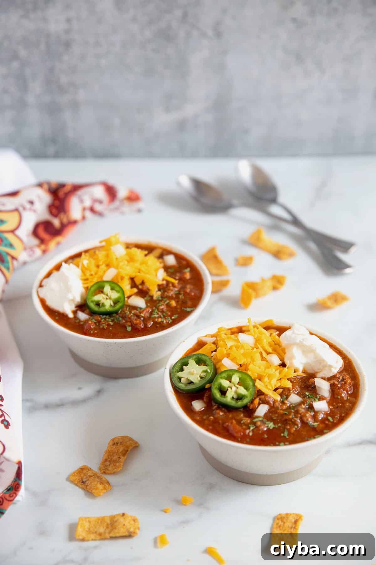 Instant Pot Texas Chili Recipe — Ready in 30 Minutes 11 Homemade chili served on white bowls