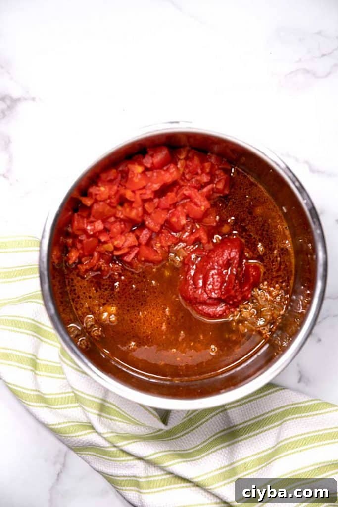 Instant Pot Texas Chili Recipe — Ready in 30 Minutes 8 diced tomatoes, tomato paste, beer and beef broth over the ground beef