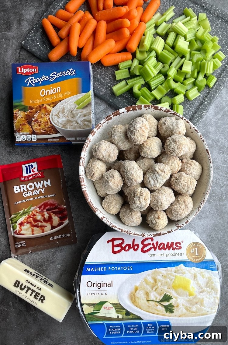How to make a slow cooker pot roast with just a few basic ingredients: frozen meatballs, carrots, celery, onion soup mix, brown gravy mix, and butter. 