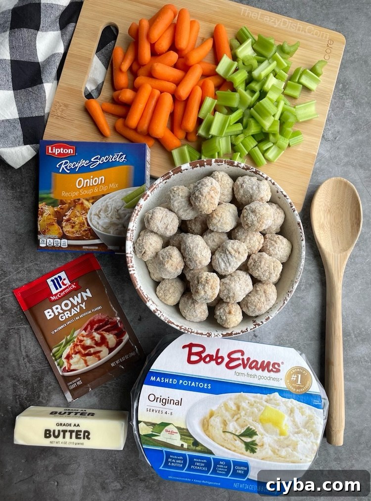 List of ingredients needed to make an easy meatball pot roast: frozen meatballs, carrots, celery, onion soup mix, brown gravy mix, butter, and mashed potatoes. 