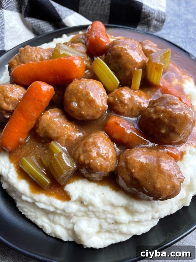 Creative dinner idea made with frozen meatballs in a crockpot to make the most delicious pot roast. 