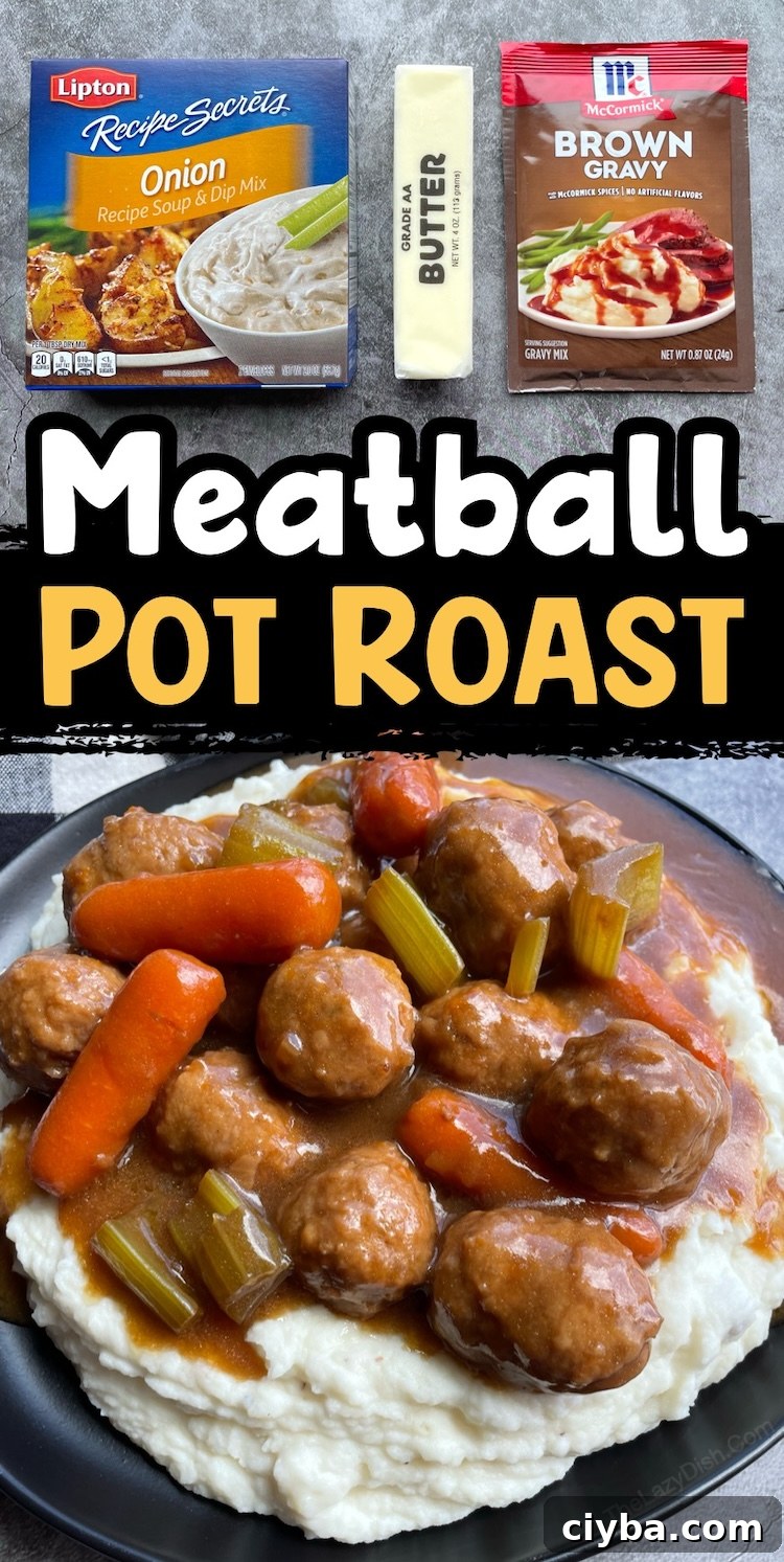 Budget friendly, quick to prepare, kid approved, and delicious! This frozen meatball pot roast is so easy to make ahead of time and amazing served over mashed potatoes. Yummy comfort food for dinner!