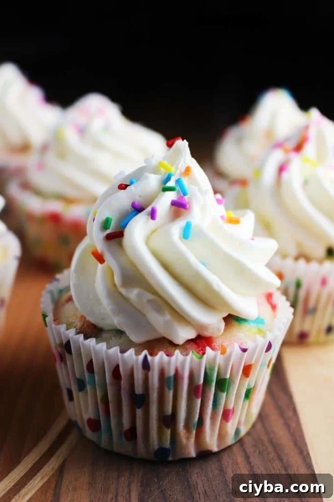 Homemade funfetti cupcakes with vanilla frosting and sprinkles