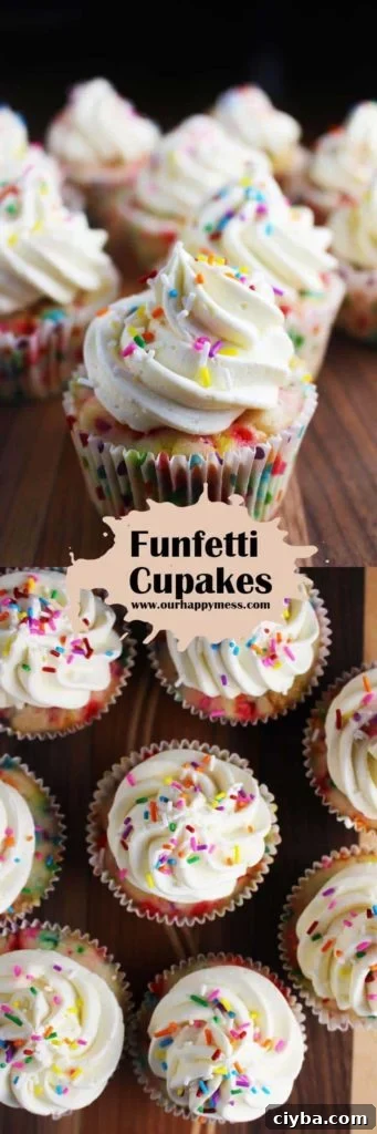 Collage of homemade funfetti cupcakes with vanilla frosting and sprinkles