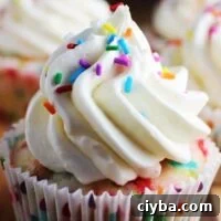 Homemade funfetti cupcakes with vanilla frosting and sprinkles