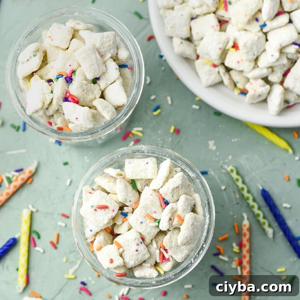 Birthday Cake Puppy Chow Recipe with Cake Mix Treats 2 Overhead views of bowls of birthday cake puppy chow surrounded by sprinkles and candles.