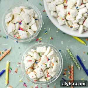 Birthday Cake Puppy Chow Recipe with Cake Mix Treats 8 Overhead views of bowls of birthday cake puppy chow surrounded by sprinkles and candles.