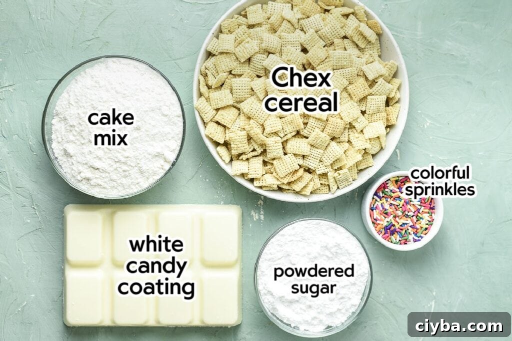 Birthday Cake Puppy Chow Recipe with Cake Mix Treats 3 Ingredients to make the birthday cake puppy chow recipe with text labels.