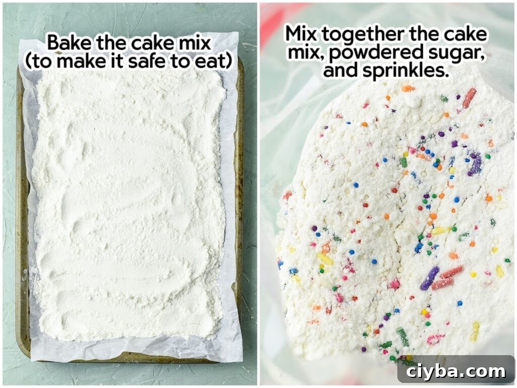 Birthday Cake Puppy Chow Recipe with Cake Mix Treats 4 Two photo collage of heat treating the cake mix on a sheet pan and a plastic bag filled with powdered sugar, sprinkles and cake mix with text overlay.