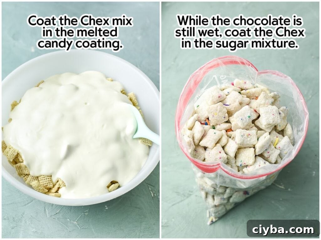 Birthday Cake Puppy Chow Recipe with Cake Mix Treats 5 Side-by-side images of coating the Chex cereal with melted white chocolate candy and combining it with the powdered sugar mixture with text overlay.