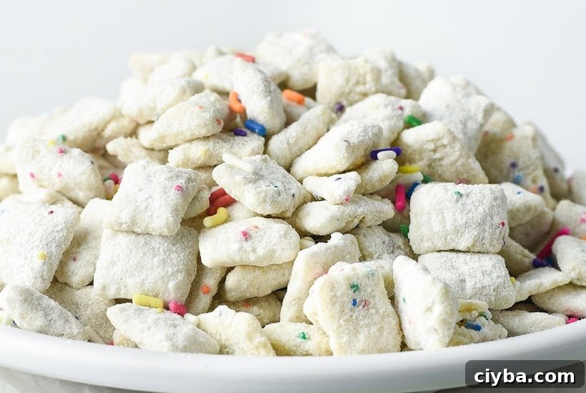 Birthday Cake Puppy Chow Recipe with Cake Mix Treats 6 Front view of a bowl of cake batter puppy chow with cake mix.