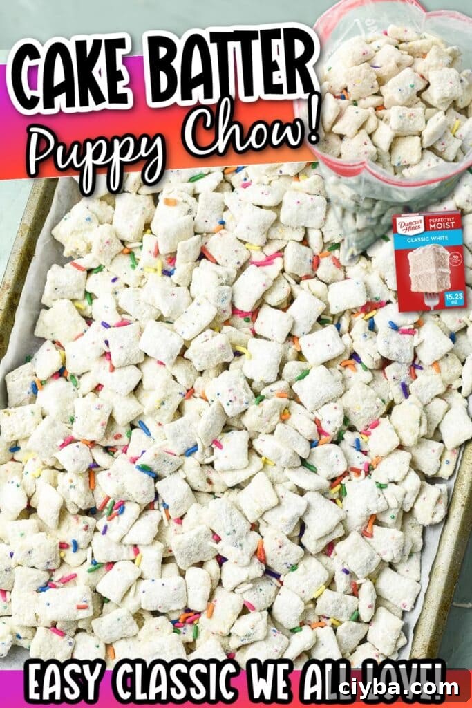 Birthday Cake Puppy Chow Recipe with Cake Mix Treats 7 Photo collage of overhead view of a sheet tray and bag filled with cake batter puppy chow and an image of a boxed cake mix with text overlay.