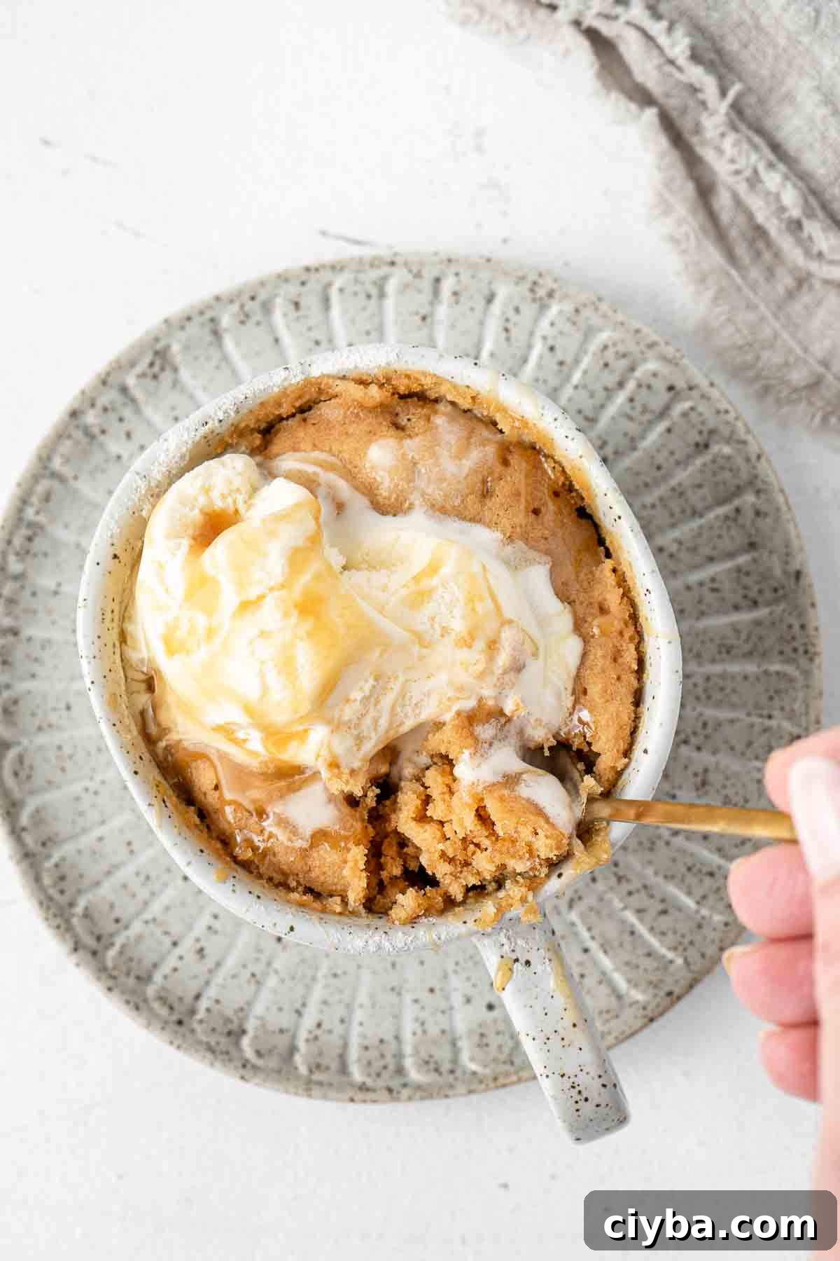 Served butterscotch mug cake with ice cream