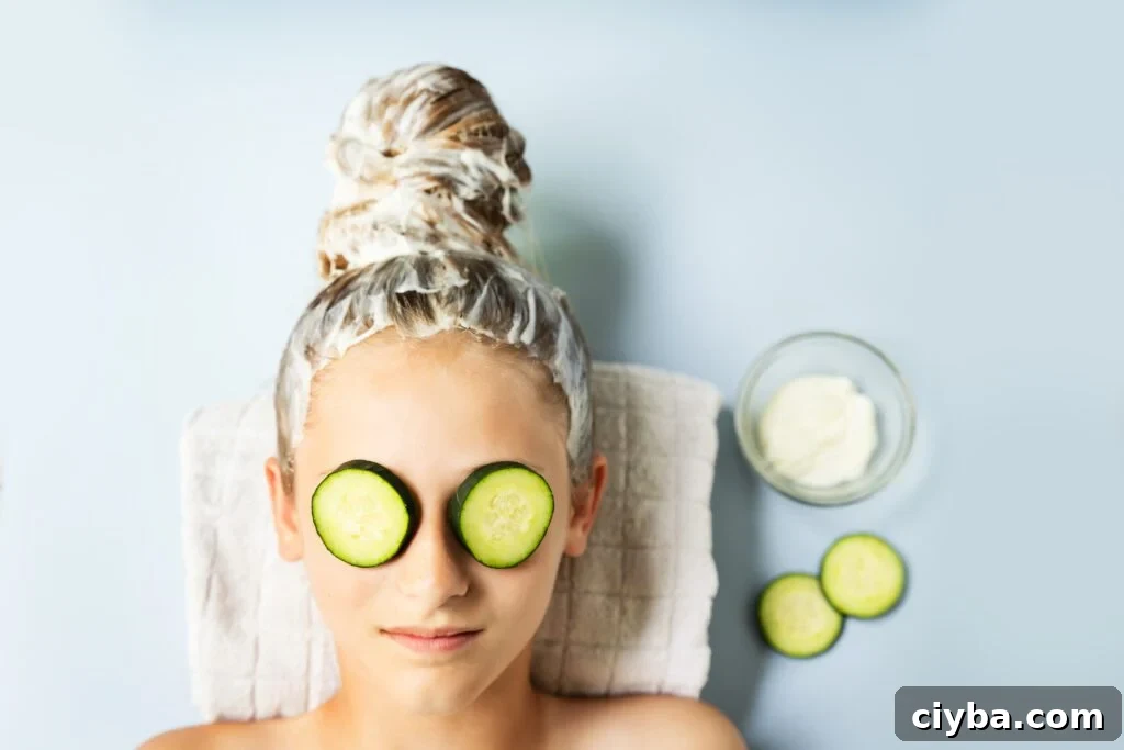 Revitalize Hair with a Homemade Celery Mask for Shine and Growth 4 girl with cucumbers on her eyes and celery hair mask on her hair