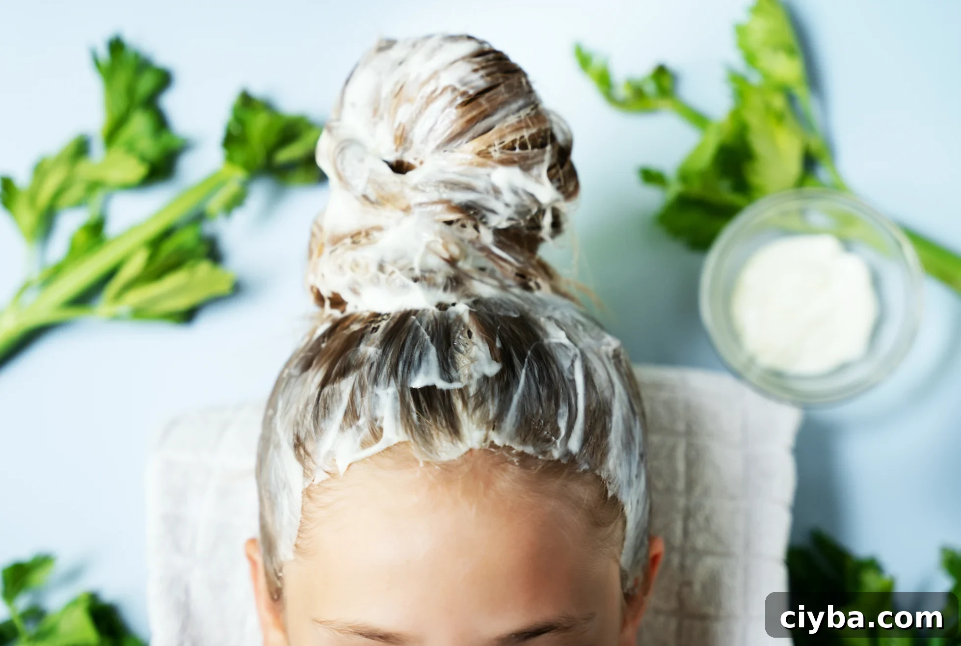 Revitalize Hair with a Homemade Celery Mask for Shine and Growth 7 Celery Hair Mask applied to hair