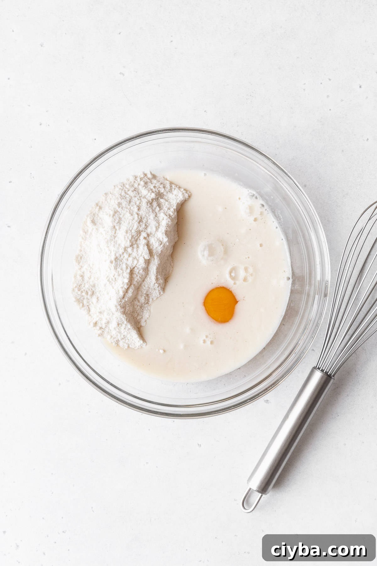 Muffin mix, egg, and milk added to a mixing bowl.