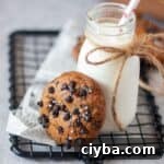 close up image of sourdough chocolate chip cookie