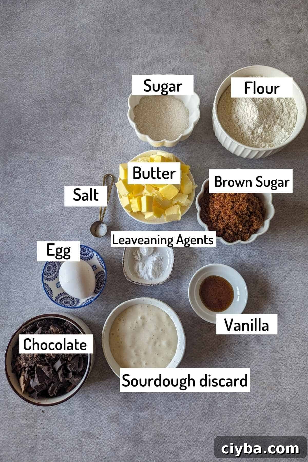 ingredients needed to make brown butter sourdough chocolate chip cookies