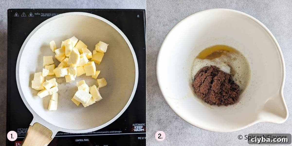 add sugar and brown sugar to brown butter