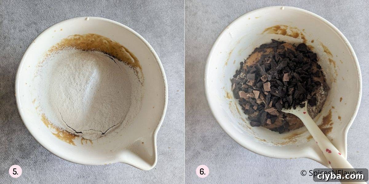 adding dry ingredients and chocolate