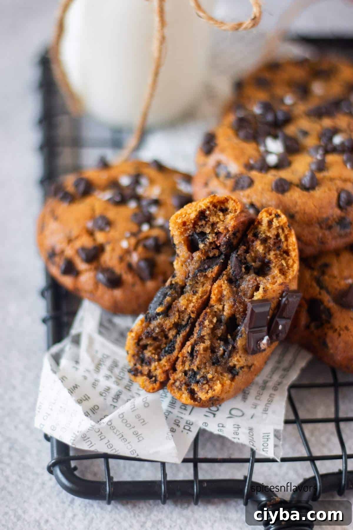 two halves of the cookie placed on wire rack to show the texture