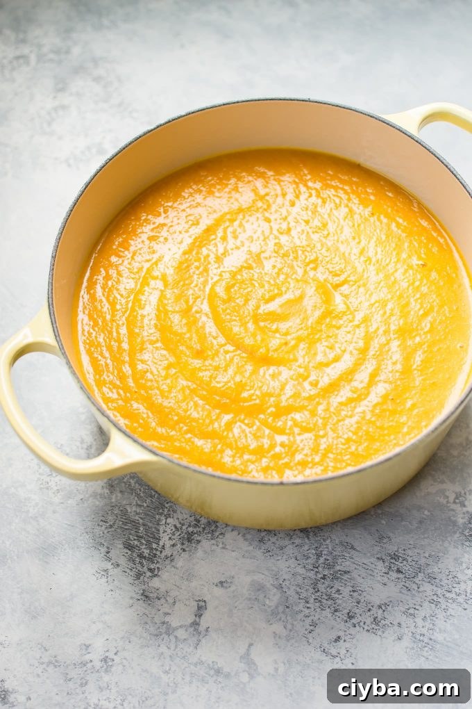 pot with acorn squash carrot soup