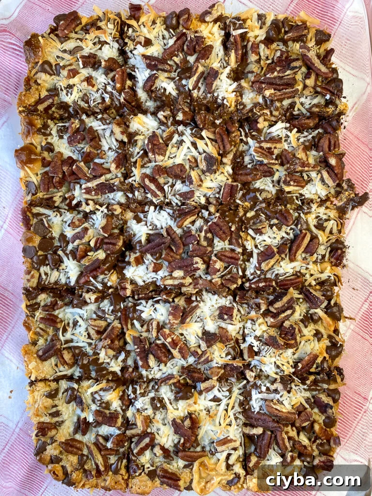 Overhead view of seven layer magic cookie bars recipe cut into square dessert bars.