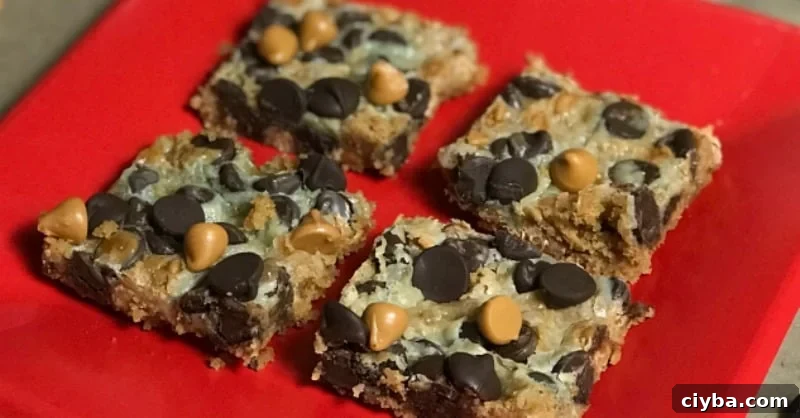 Red plate with magic bar cookie recipe.