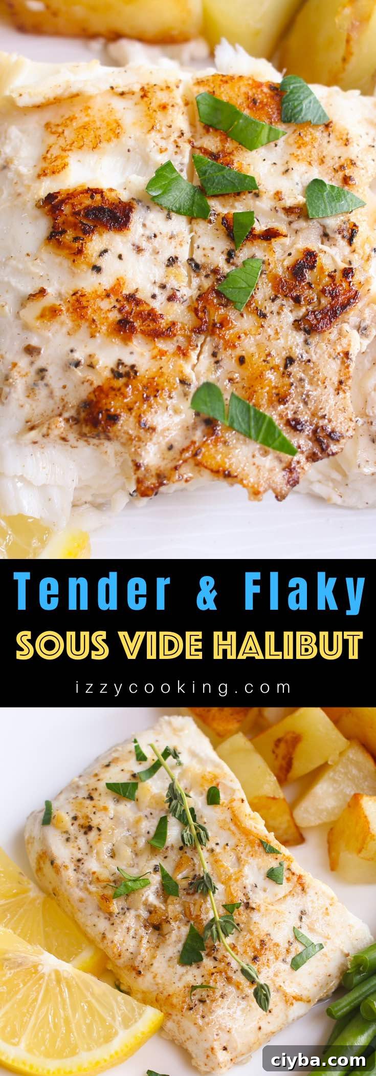Sous Vide Halibut – tender and buttery halibut that’s full of delicious garlic butter flavor! The sous vide method cooks it to the precise temperature you set, and then finish with a quick searing to get the halibut beautifully browned! #SousVideHalibut #SousVideFish