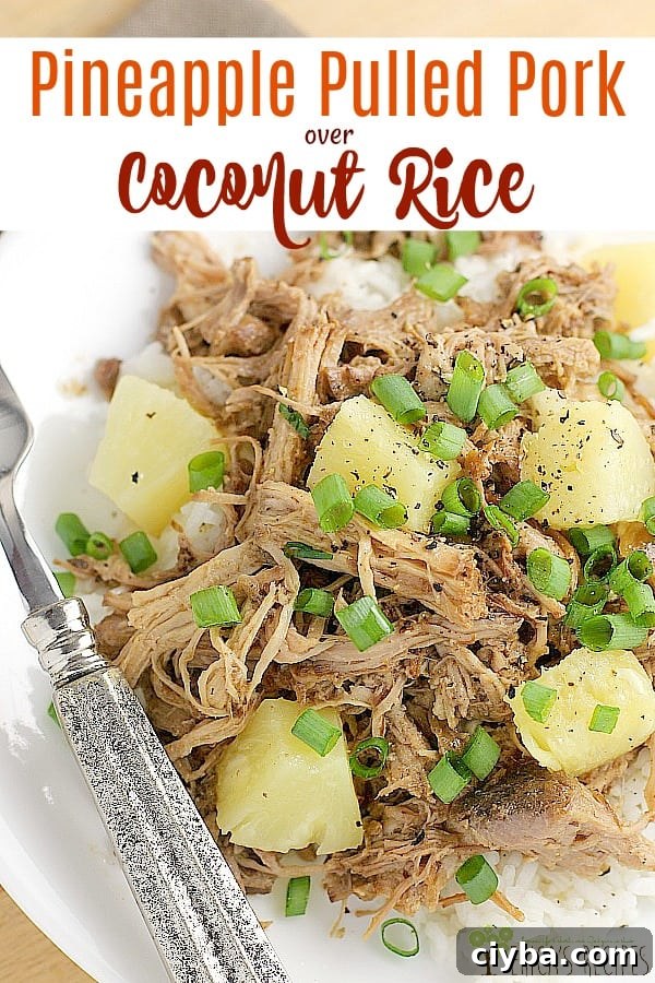 Tender pulled pork, cooked slowly to perfection in the crock-pot with Asian flavors and sweet pineapple, then served over quick and flavorful coconut rice. Let this very easy Pineapple Pulled Pork over Coconut Rice dinner take some of the stress out of your busy weeknight hell. #slowcooker #pulled pork #recipe #food #dinner #pineapplepork #coconutrice #crockpot