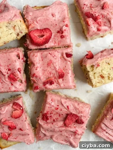 the whole strawberry snack cake cut into squares.