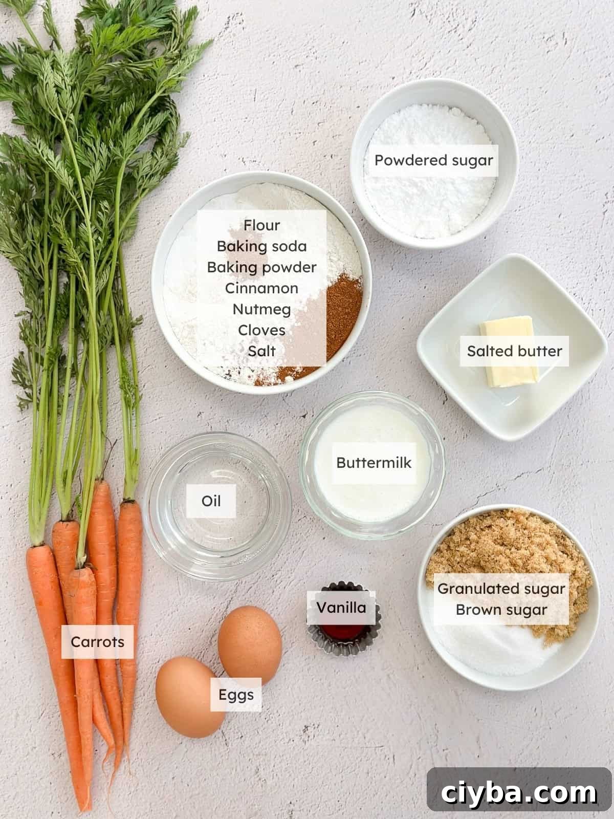 All of the ingredients needed to make carrot coffee cake.