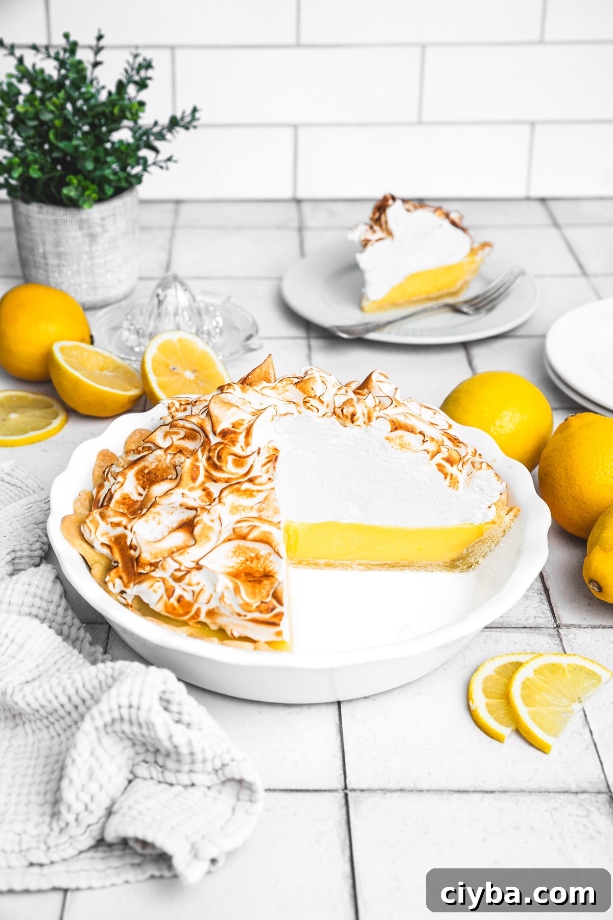 sliced slice of lemon meringue pie on a pie plate on the table