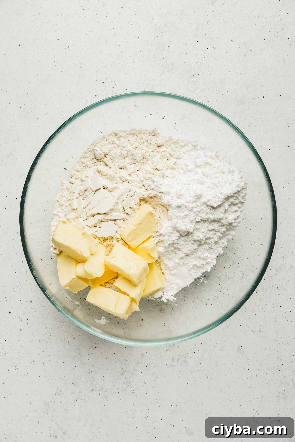 bowl with flour, sugar, and butter for lemon meringue pie crust