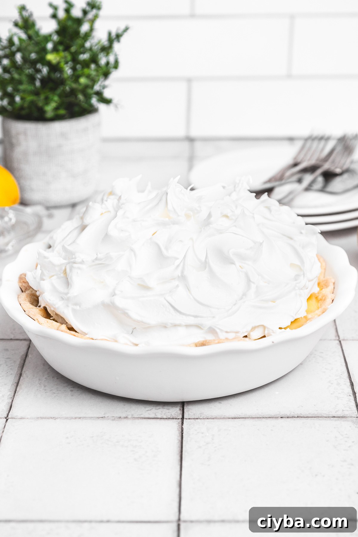 baked lemon meringue pie with golden meringue topping in a pie dish