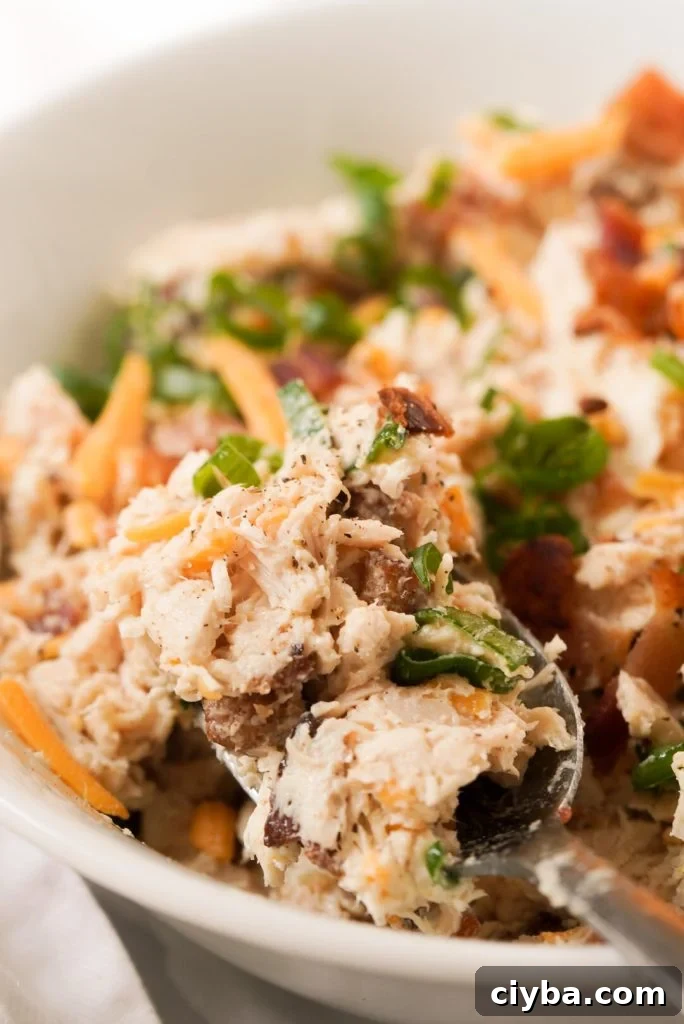 spoonful of chicken salad with bacon, cheddar cheese, and ranch dressing