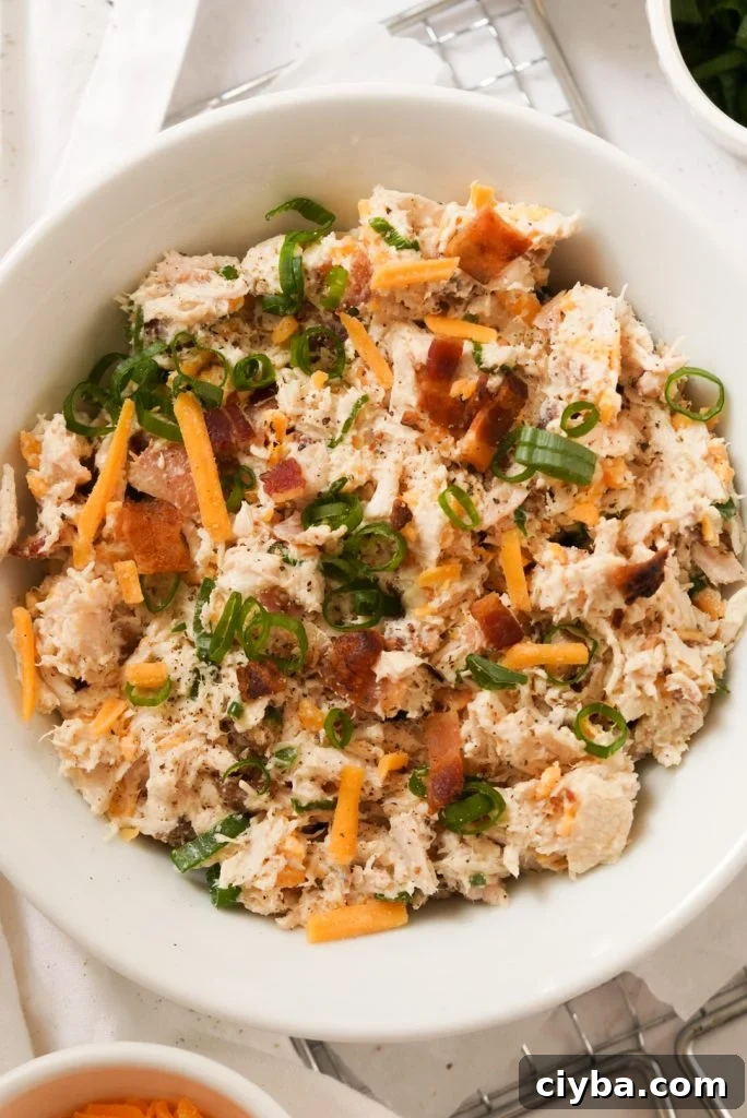 bowl of chicken salad topped with cheddar cheese, green onions, and bacon