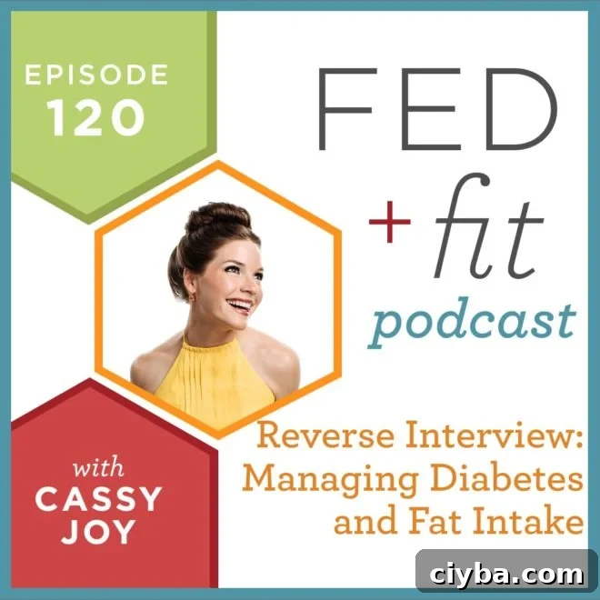 Fed and Fit podcast graphic, episode 120 reverse interview: managing diabetes and fat intake with Cassy Joy