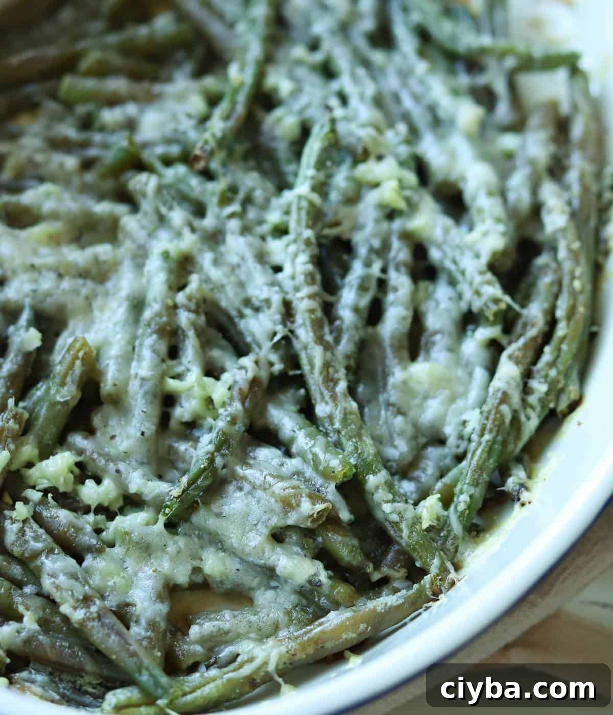 Roasted frozen green beans in dish. 