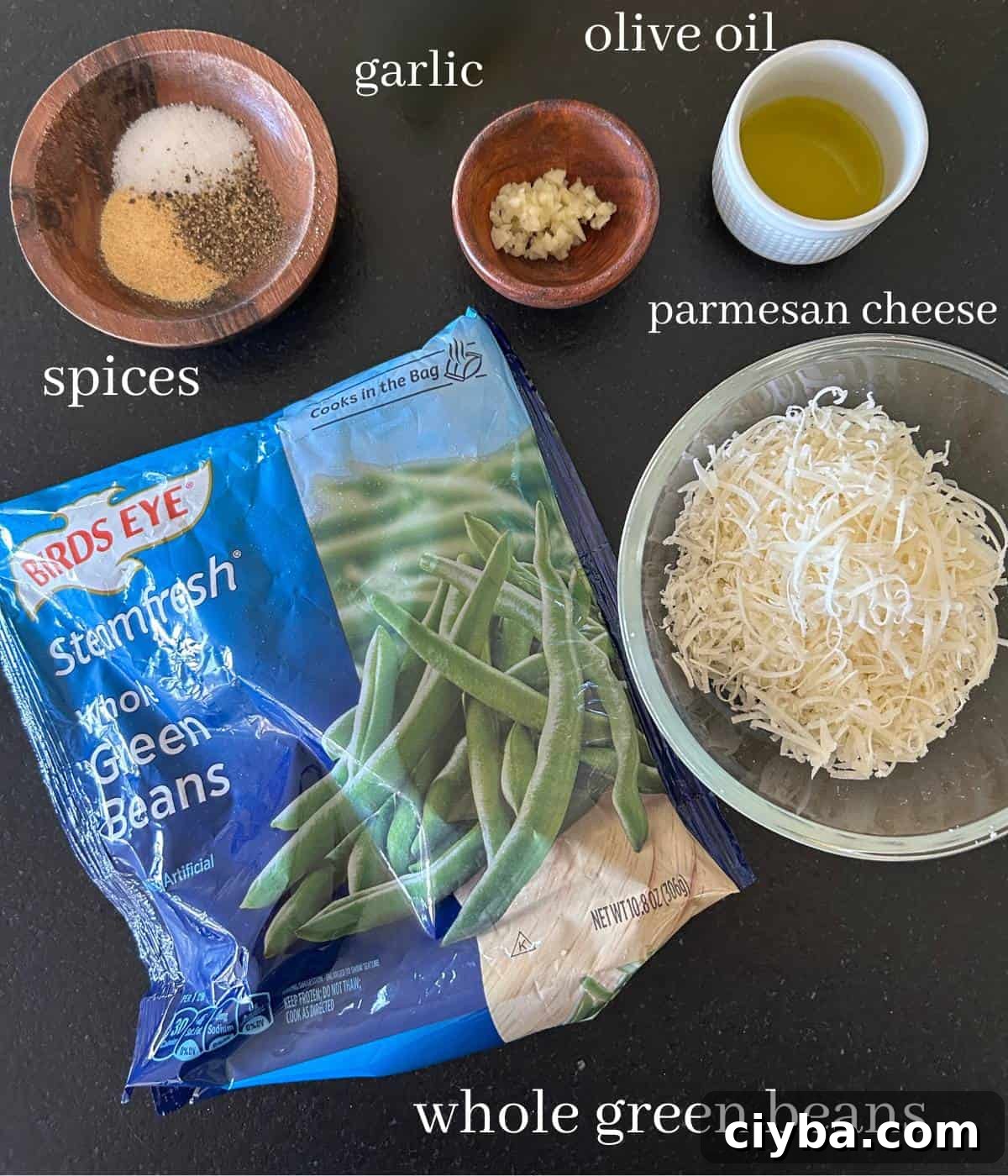 Green bean ingredients on countertop.