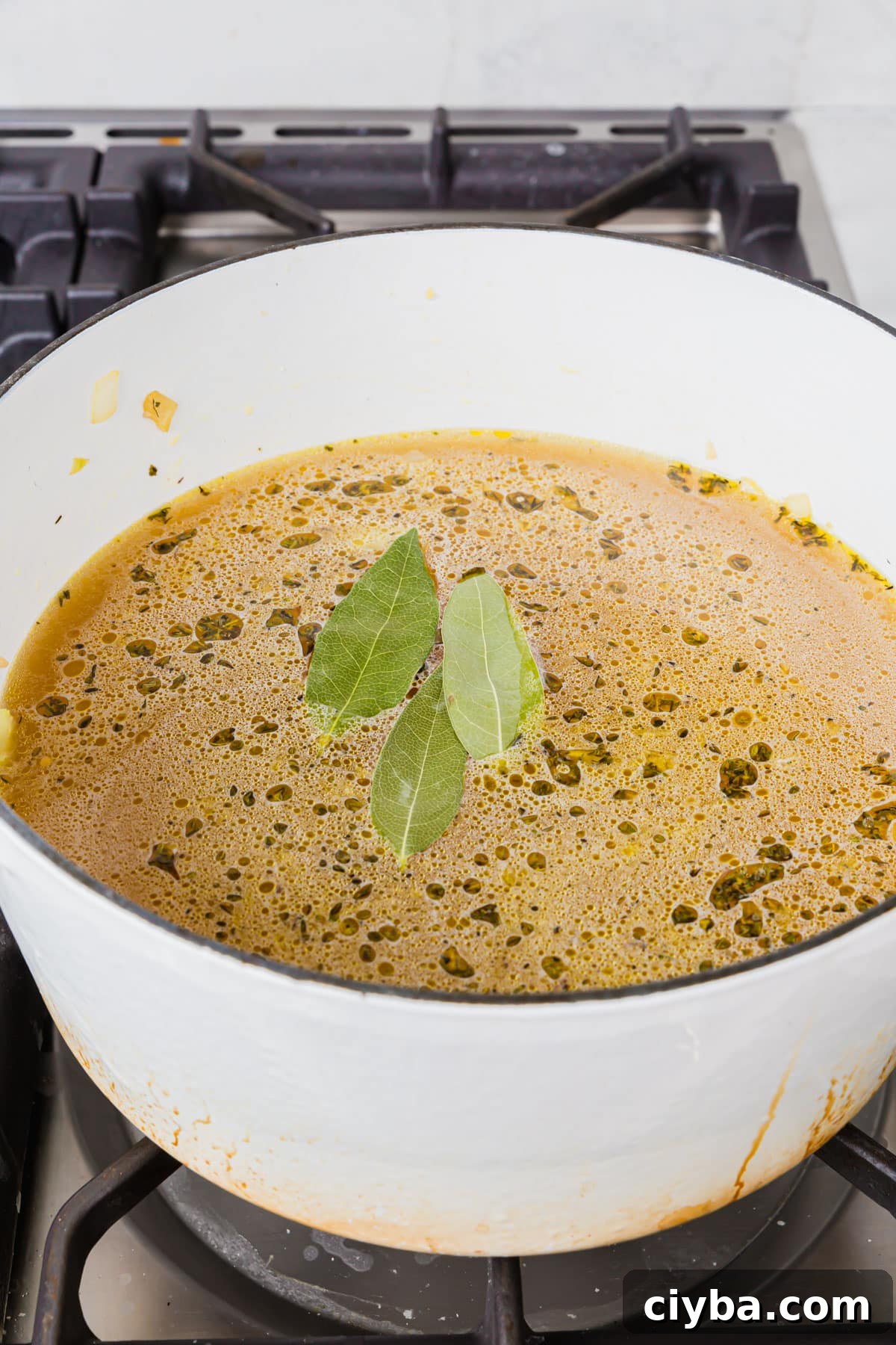 A white dutch oven of chicken broth, herbs, diced onion and dried bay leaves.
