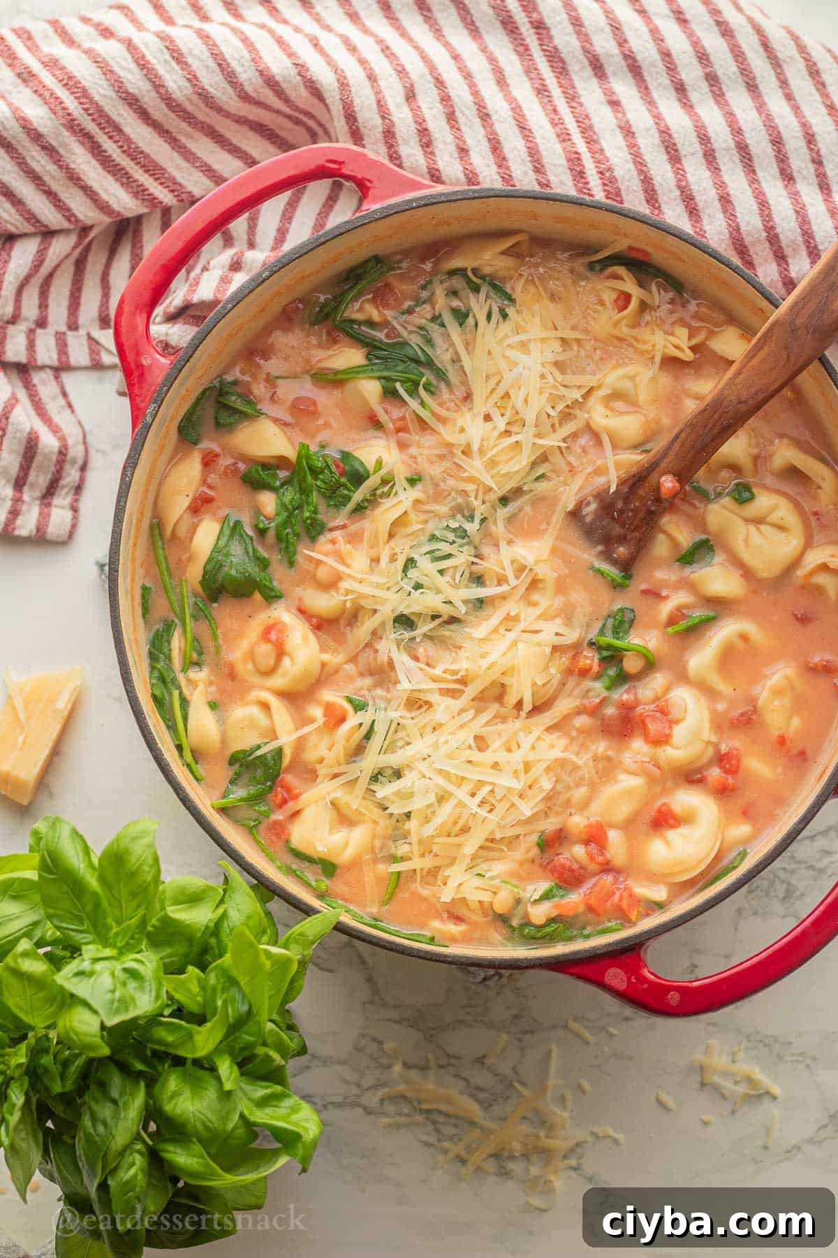 Tortellini tomato soup in pot with wooden spoon and basil.