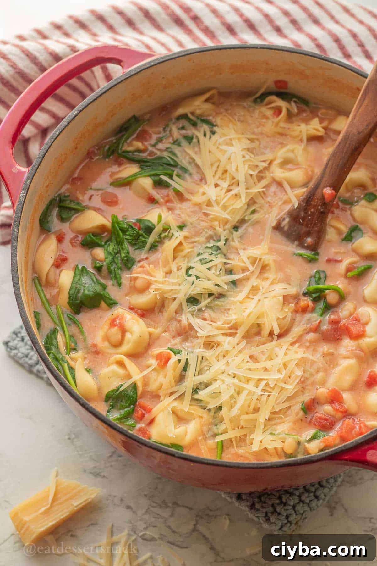 Tortellini tomato soup in pot with wooden spoon.